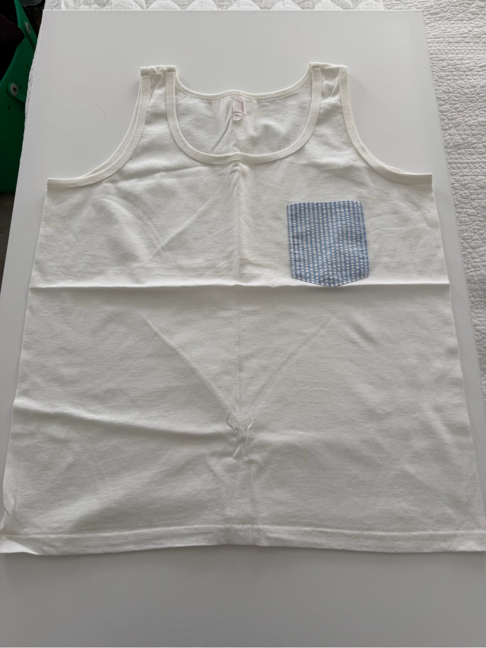Anvil White Tank Top with Blue Striped Pocket